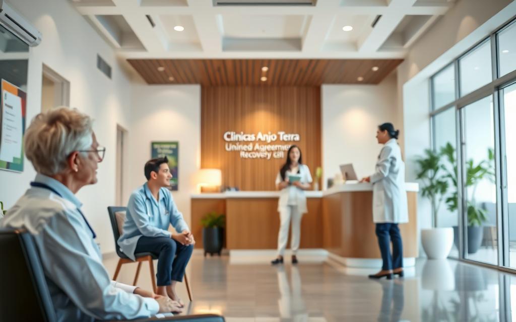 A bright, modern healthcare facility with an inviting atmosphere. In the foreground, a patient, sitting calmly, discussing their treatment plan with a healthcare professional. In the middle ground, a receptionist guiding a new patient through the check-in process. The background showcases the clean, well-lit lobby of Clinicas Anjos da Terra, a state-of-the-art recovery clinic specializing in Unimed Agreement treatments. The scene conveys a sense of professionalism, empathy, and patient-centered care.