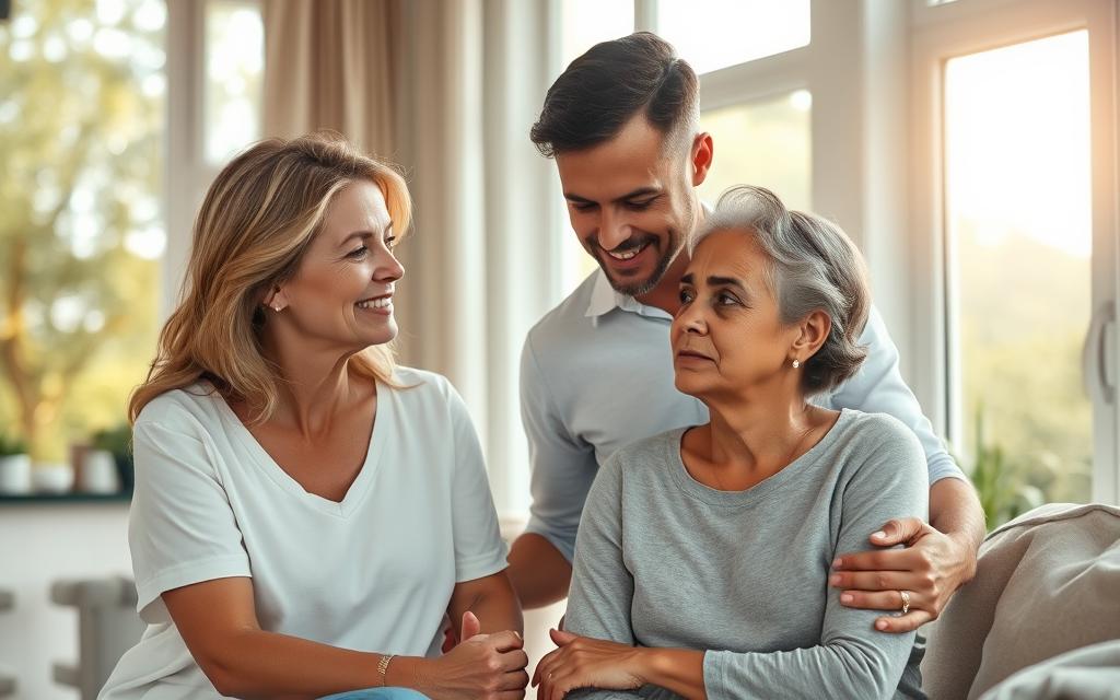 A compassionate family member gently guides a loved one struggling with substance addiction, offering support and hope. The scene depicts a tranquil, healing environment of the 