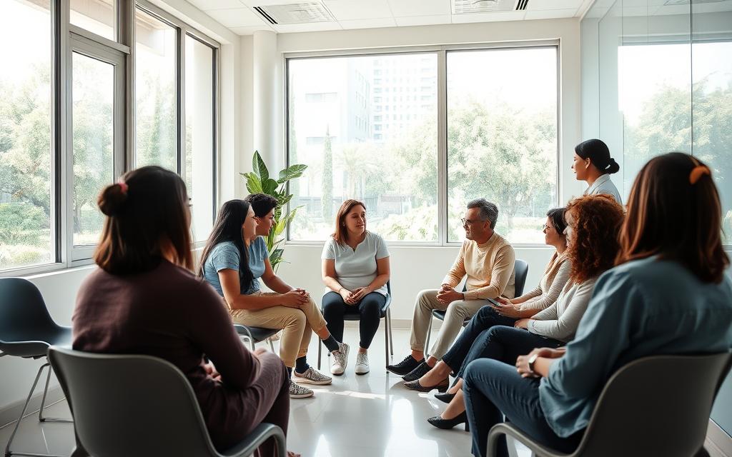 A modern, well-equipped drug addiction recovery clinic in São Paulo, Clínicas Anjos da Terra, providing safe and legal involuntary admission procedures. A bright, airy interior with natural lighting filters through large windows, creating a calming atmosphere. Patients are gathered in a group therapy session, engaged in a discussion facilitated by a compassionate counselor. The clinic's professional staff oversee the process, ensuring compliance with the local mental health laws and open communication with the Public Prosecutor's Office. The scene conveys a sense of hope, support, and a commitment to patient wellbeing throughout the recovery journey.