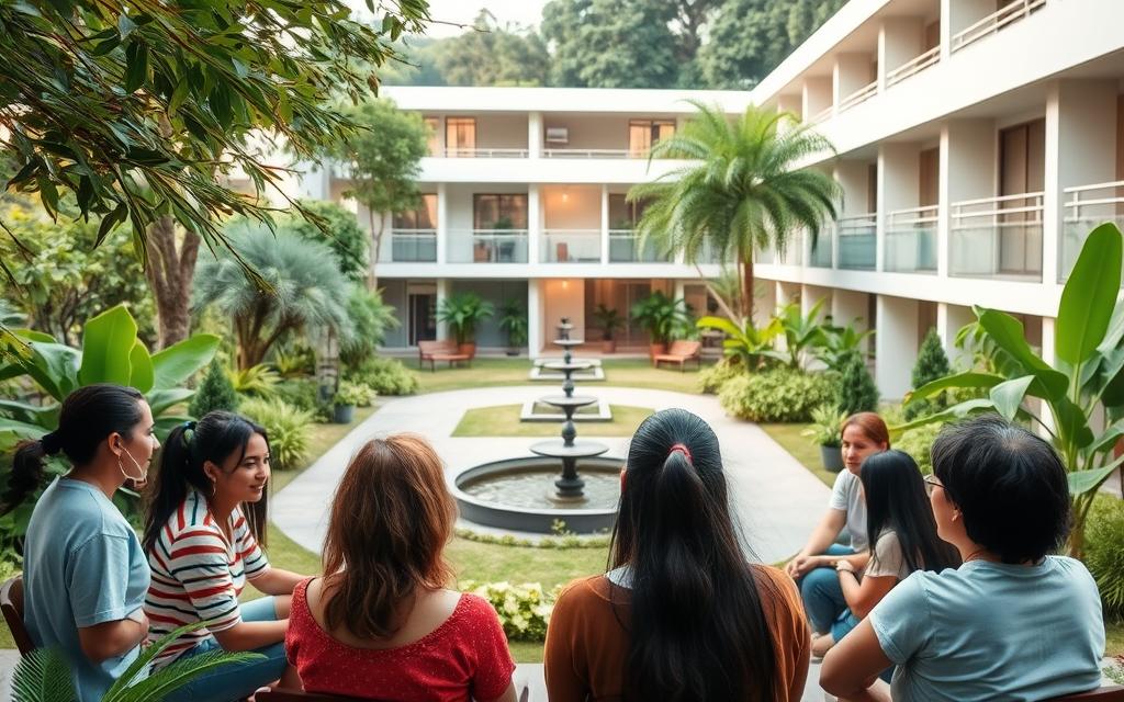 A serene healthcare facility nestled amidst lush greenery, the Clinicas Anjos da Terra provides free evangelical addiction treatment programs. In the foreground, a group of people engage in a supportive group therapy session, their expressions conveying hope and determination. The middle ground features a tranquil courtyard with benches and a calming water feature, symbolizing the restorative journey of recovery. In the background, modern yet inviting architecture blends seamlessly with the natural surroundings, creating a peaceful, nurturing environment. Soft, natural lighting filters through the windows, evoking a sense of warmth and serenity. This scene captures the essence of the Programa Recomeço and other state-level initiatives, offering a compassionate haven for those seeking to overcome addiction.