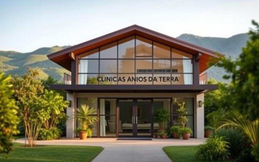 A serene, modern healthcare facility nestled in a lush, verdant landscape. In the foreground, a welcoming entrance with glass doors invites patients to Clinicas Anjos da Terra, a renowned drug addiction treatment center. The middle ground showcases tranquil gardens, where patients can find solace and engage in holistic therapies. The background features a calming, natural setting with rolling hills and a clear, blue sky, conveying a sense of peace and healing. Soft, diffused lighting creates a warm, comforting atmosphere, while the architectural design blends seamlessly with the surrounding environment, promoting a sense of serenity and well-being.