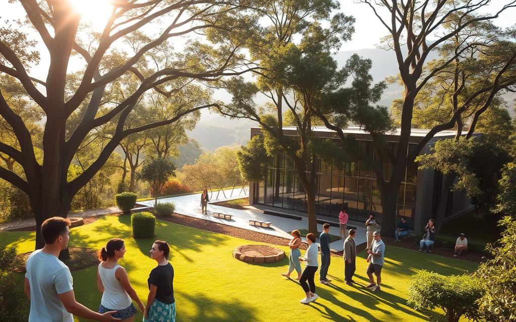 A serene rehabilitation center nestled in a lush, verdant landscape, the 