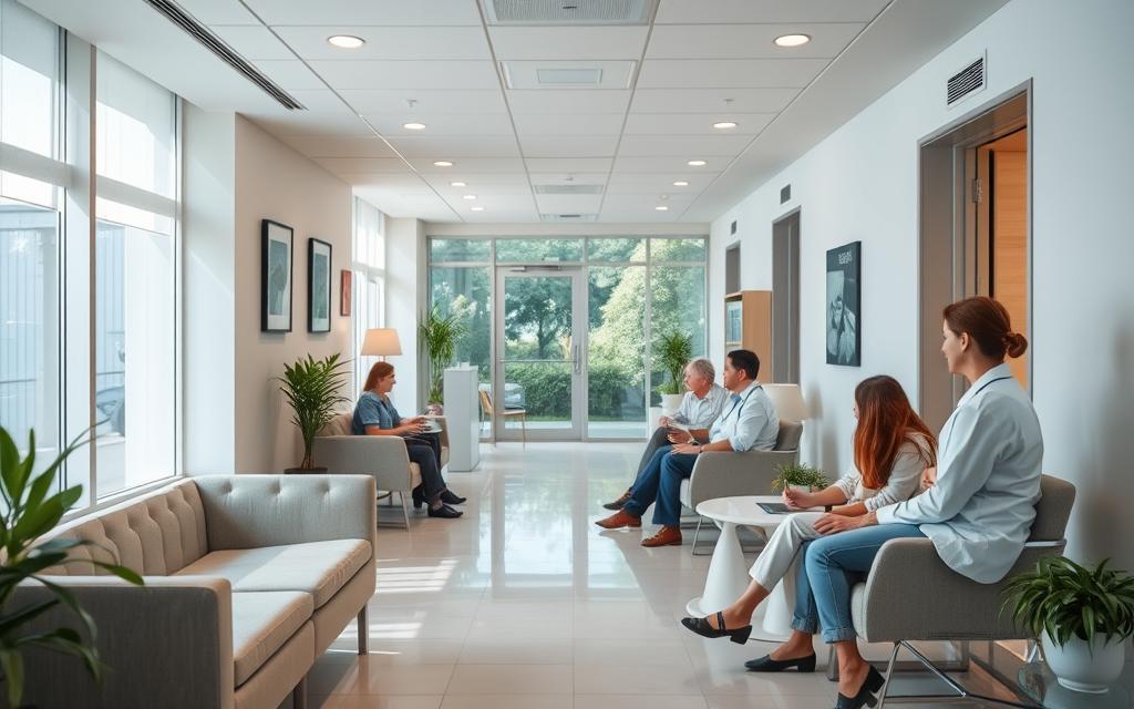 A serene, softly lit healthcare facility interior showcasing the stages of treatment, from the welcoming reception area with comfortable seating, to consultation rooms where patients engage with caring, attentive staff. In the background, a glimpse of tranquil outdoor spaces, suggesting a holistic approach. The atmosphere conveys professionalism, empathy and attention to patient wellbeing. Clinical yet inviting, the scene reflects the ethos of Clinicas Anjos da Terra, a recovery clinic providing treatment under the Unimed Agreement.