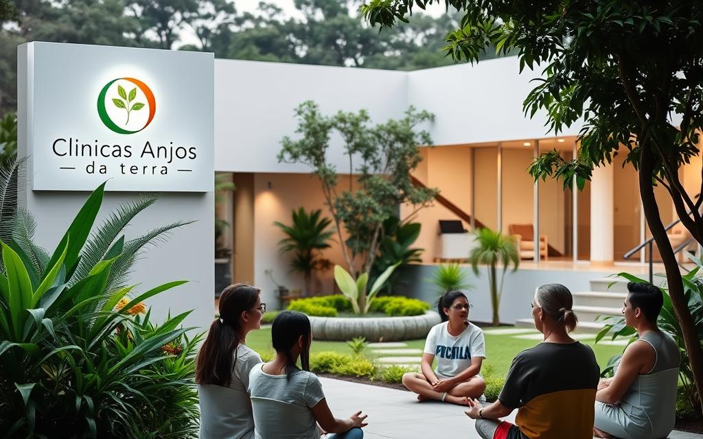 A tranquil, modern psychiatric rehabilitation clinic nestled amidst lush greenery. The 