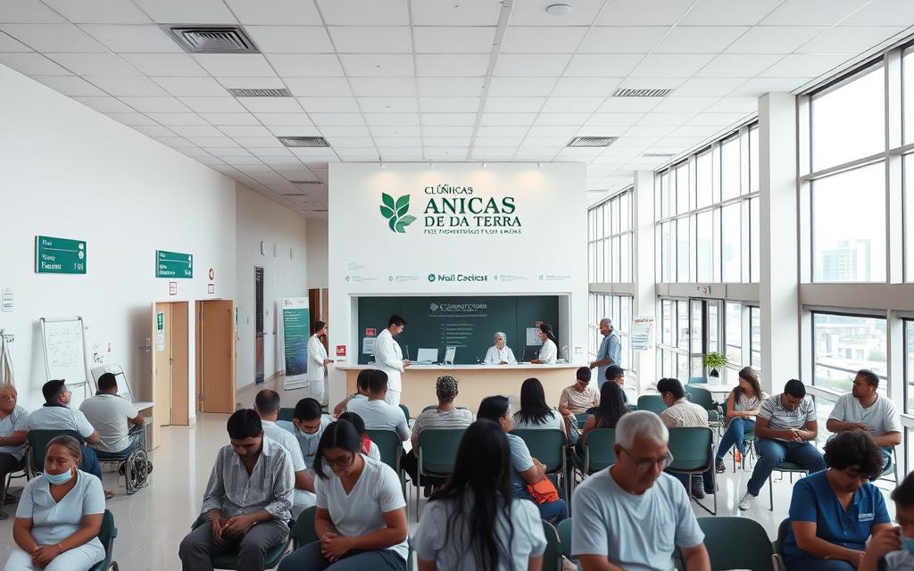A calm, clinical atmosphere in a large, modern medical facility in São Paulo, Brazil. In the foreground, a group of patients in various stages of recovery, some sitting quietly, others engaged in group activities. The middle ground features a reception area with helpful staff and signage for 
