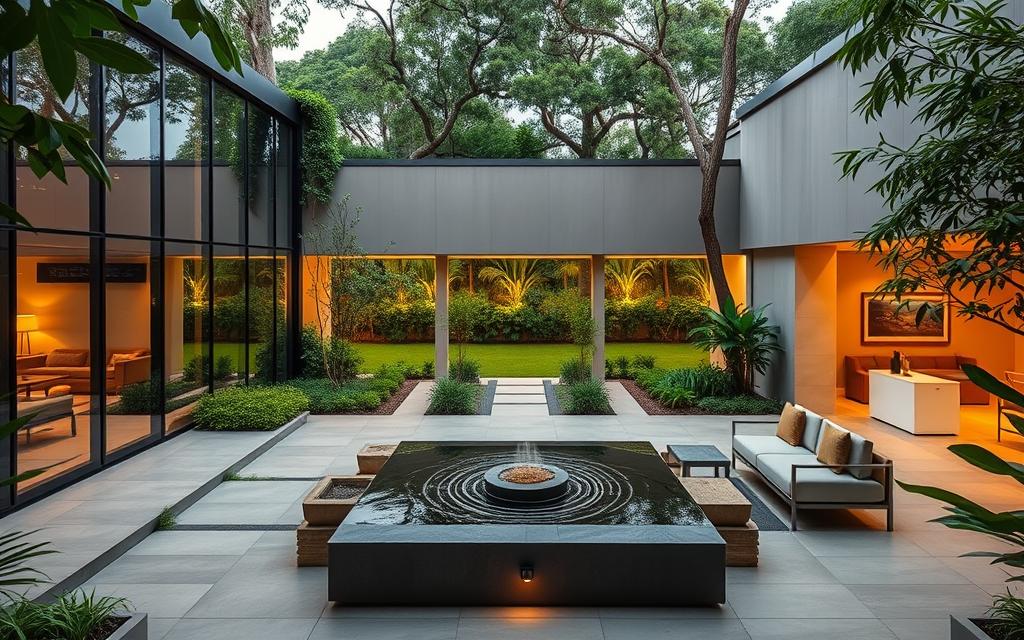 A serene and modern recovery clinic nestled amidst lush greenery, featuring the Clinicas Anjos da Terra brand. Sleek glass facades reflect the natural surroundings, while an elegant courtyard with a soothing water feature welcomes patients seeking Bradesco Health Insurance-covered treatment for chemical dependence. Warm lighting and minimalist, yet comfortable furnishings create a calming atmosphere conducive to healing. In the background, a sprawling garden provides a tranquil respite, encouraging introspection and well-being. The clinic exudes a sense of professionalism, safety, and care, reflecting the high standards expected from a Bradesco-affiliated facility.