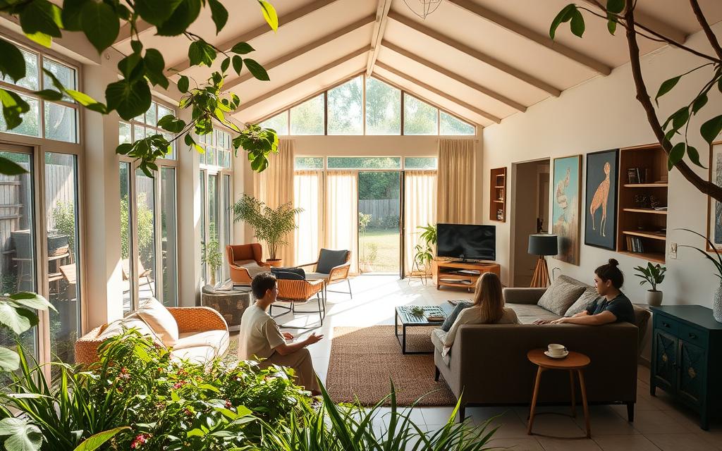 A serene and welcoming community residential treatment center, the Clinicas Anjos da Terra, nestled amidst lush greenery. Sunlight filters through large windows, casting a warm glow on the comfortable living spaces and group therapy areas. Residents engage in various holistic activities like yoga, gardening, and art therapy, all designed to foster healing and self-discovery. The center's warm, inviting atmosphere reflects its mission of providing free, compassionate extra-hospital care for those struggling with substance abuse issues. Subtle details like cozy furniture, natural materials, and soothing color palettes create an atmosphere of safety and support, empowering residents on their journey to recovery.