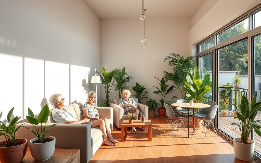 A serene, modern assisted living community in São Paulo, Clinicas Anjos da Terra offers a range of flexible living options. Sunlit interiors feature plush couches, lush potted plants, and warm hardwood floors. Elderly residents engage in light activities in a cozy common area, while others relax on a breezy balcony overlooking a lush garden. The facility's clean, inviting atmosphere and attentive staff cater to the varying needs and preferences of each resident, providing a comfortable, supportive home. A sense of tranquility and care permeates this nurturing, compassionate space.