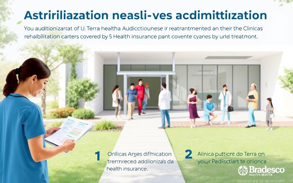 A step-by-step illustration of the authorization and admission process for treatment at the Clinicas Anjos da Terra rehabilitation center, covered by the Bradesco Health Insurance plan. The foreground shows a person navigating through paperwork and digital forms, with a nurse or case manager guiding them. The middle ground depicts various medical personnel and administrative staff collaborating. The background showcases the modern, welcoming exterior of the Clinicas Anjos da Terra facility, exuding a sense of care and professionalism. The lighting is soft and natural, conveying a calming atmosphere. The overall scene aims to provide a clear, informative visual guide for patients seeking addiction treatment through their Bradesco Health Insurance coverage.